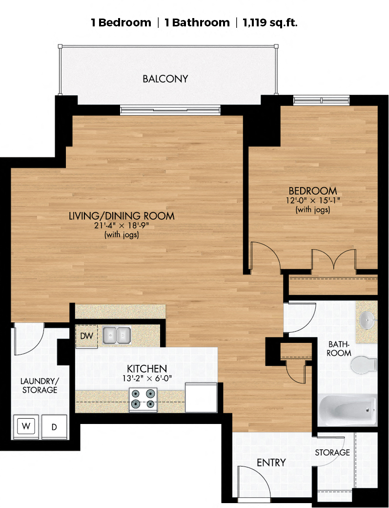 Floor plan for 1 bed, 1 bath, 982 sqft